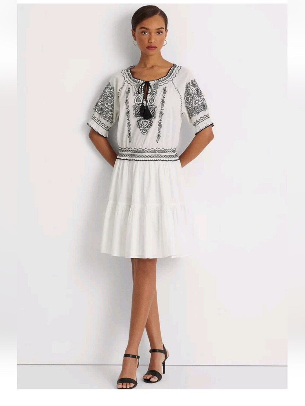 Ralph Lauren Embroidered Voile Dress In White And Black